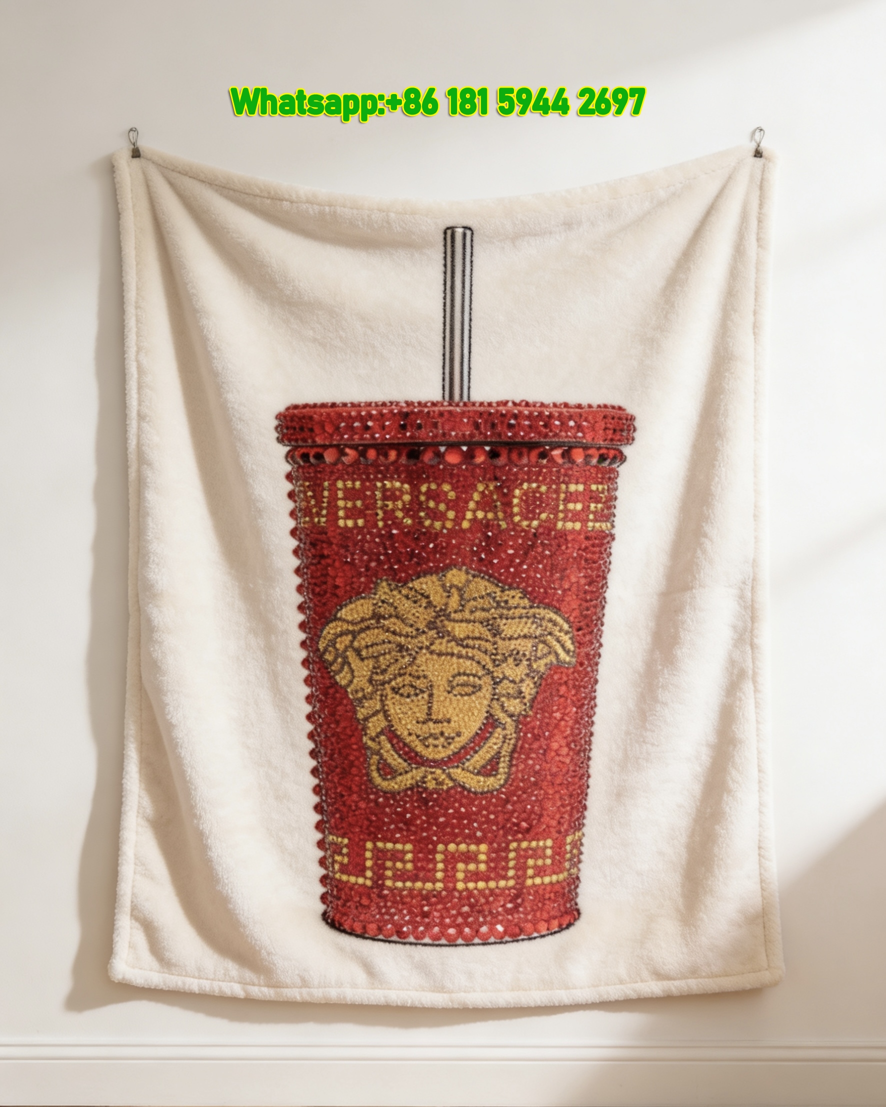 Versace Red Gold Rhinestone Medusa Tumbler Print Flannel Sofa Throw Blanket IMG_1307